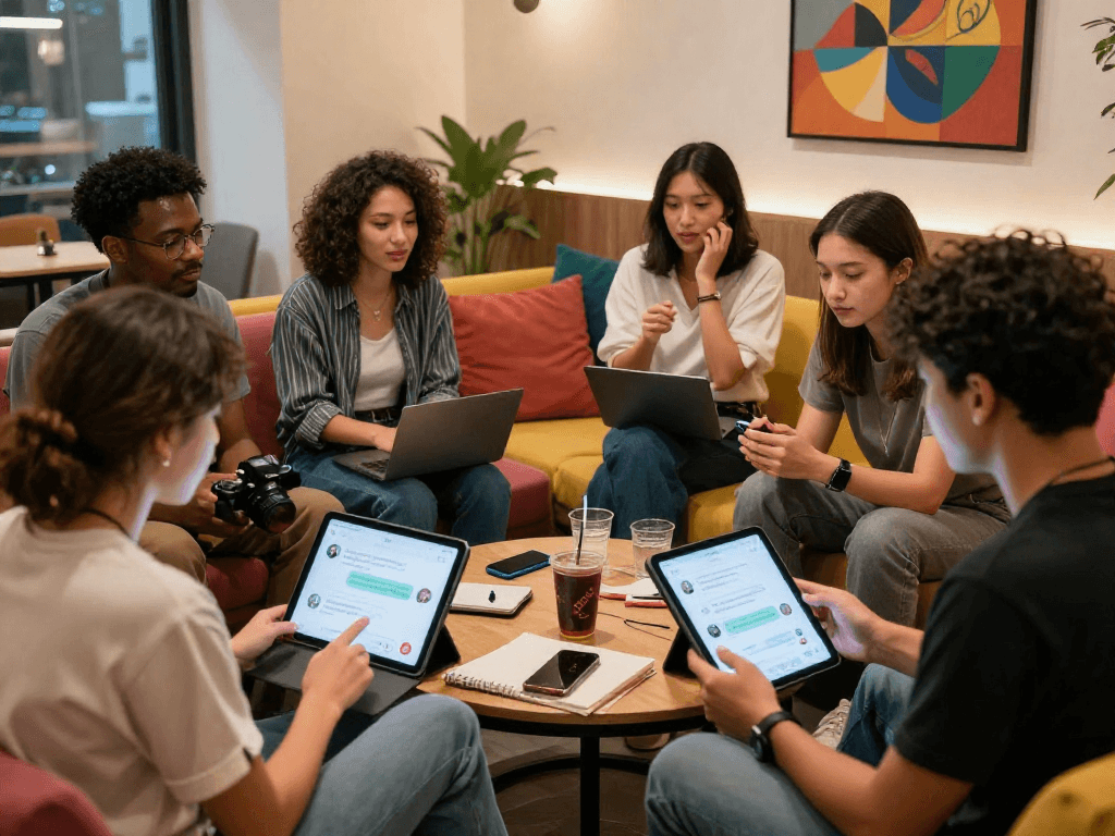 Group discussing spicy chat AI in a vibrant lounge with tech gadgets, notebooks, and tablets.
