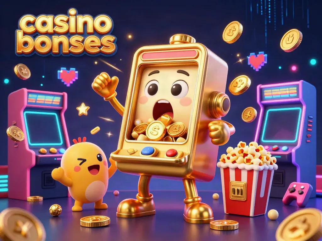 Experience casino bonuses with a shocked slot machine pouring coins in this vibrant casino illustration.