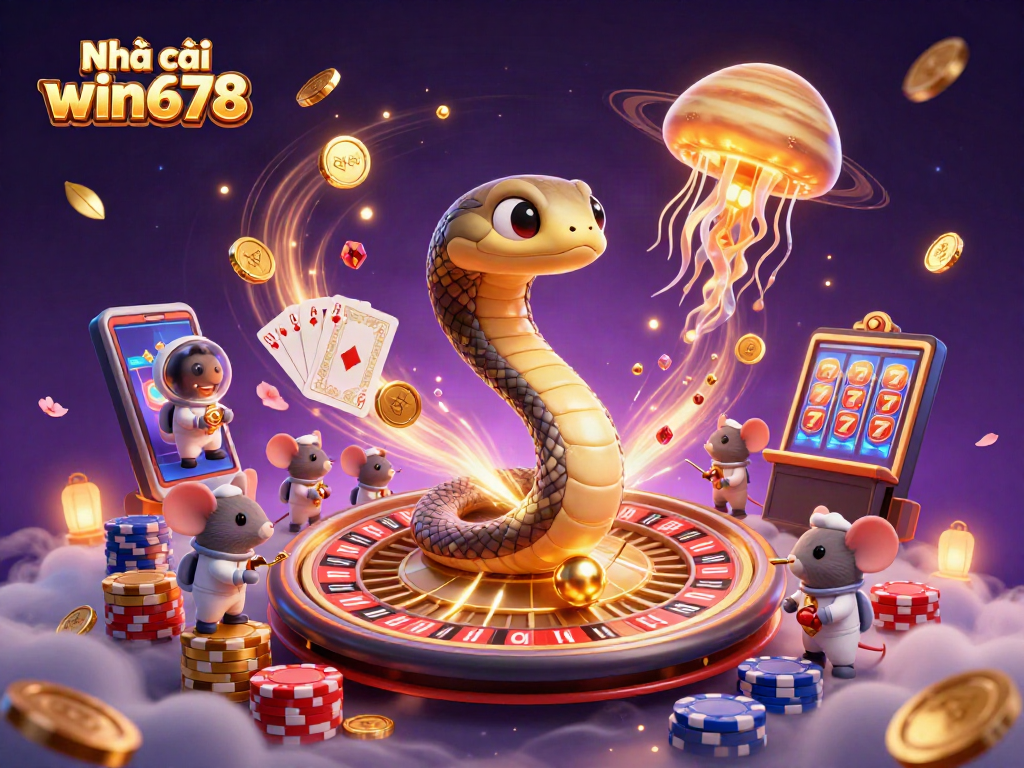 Experience the fun at Nhà cái win678 with vibrant casino elements and energetic characters.