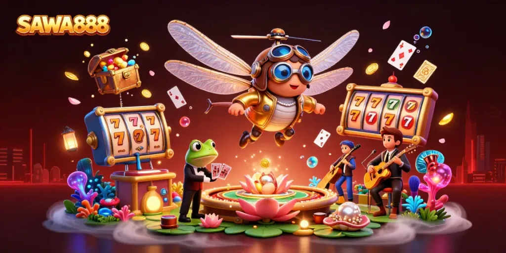 Experience the thrill of SAWA888 with vibrant casino scenarios filled with characters and fortune.
