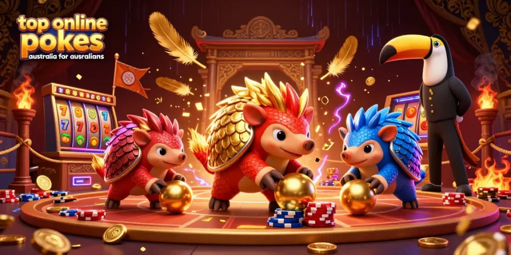 Experience top online pokies Australia for Australians with vibrant characters and casino elements in this dynamic scene.