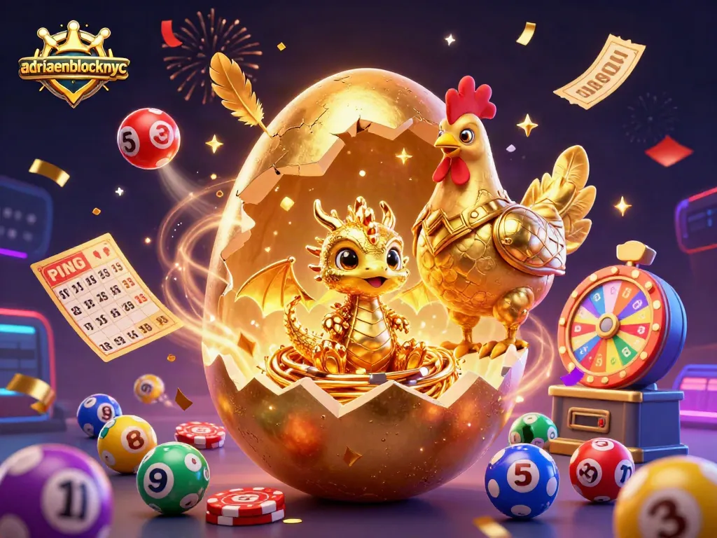 Engage in thrilling casino gaming at adriaenblocknyc with vibrant elements like a golden dragon, poker chips, and dynamic lottery balls.