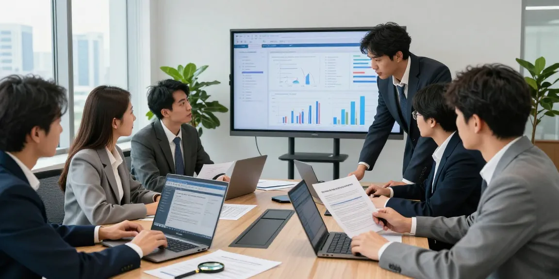 Collaborative team analyzing document fraud detection strategies in a modern office.