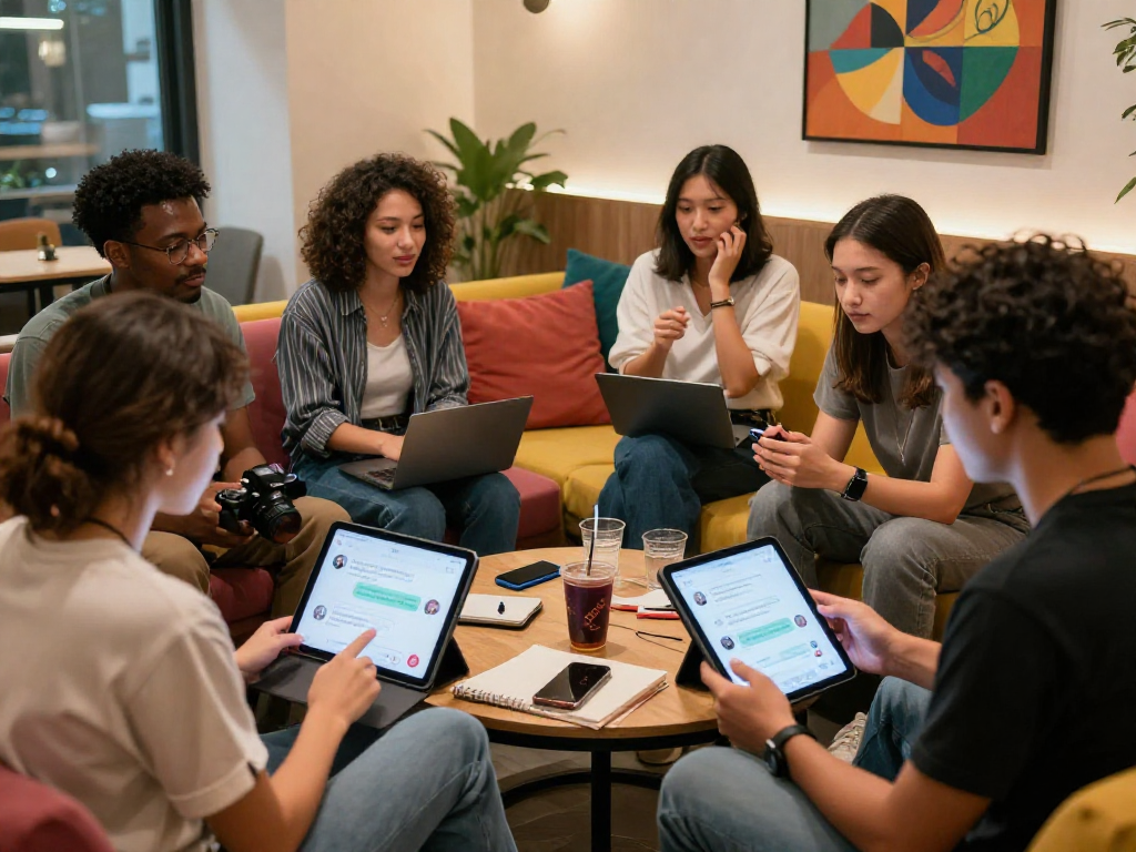 Group discussing spicy chat AI in a vibrant lounge with tech gadgets, notebooks, and tablets.