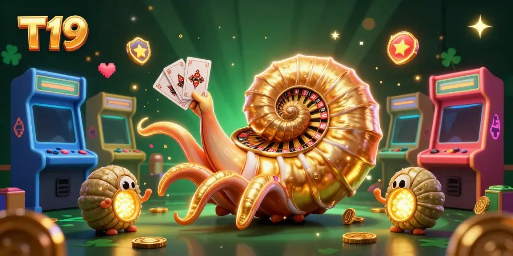 Engage with T19's vibrant casino experience featuring an ancient nautilus and dynamic game elements.
