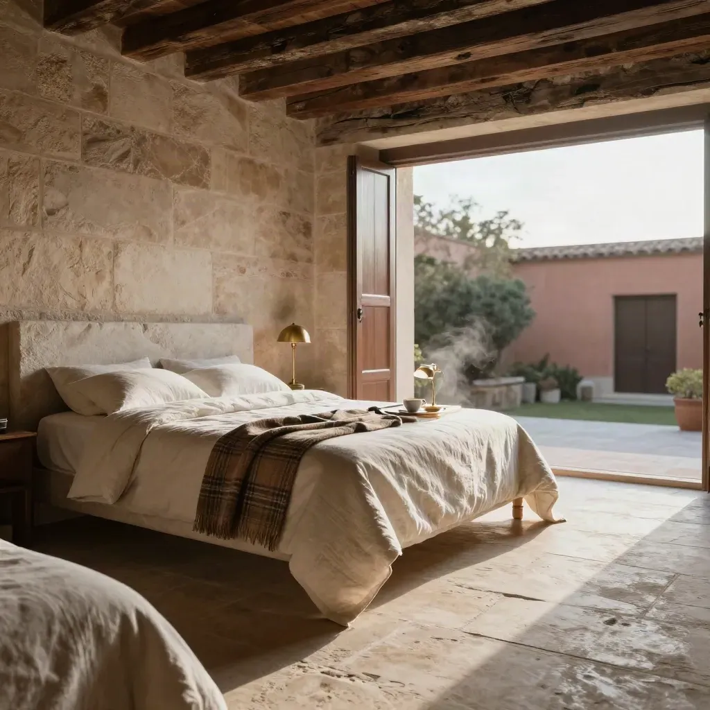 Suite storica con letto king, travi antiche, vassoio caffè e luce mattutina sul cortile.