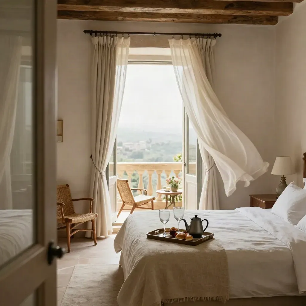 Camera romantica con letto king, vassoio colazione, calici e tende mosse dalla brezza