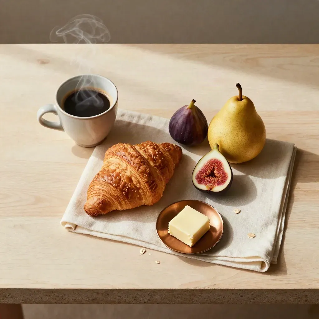 Colazione con espresso, croissant, fichi, pera, burro e lino su tavola chiara.