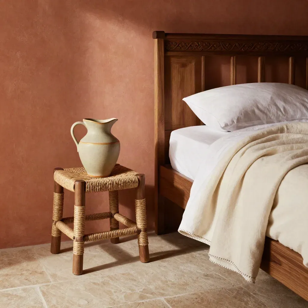 Camera terracotta con letto singolo, brocca in ceramica, sgabello intrecciato e coperta piegata.