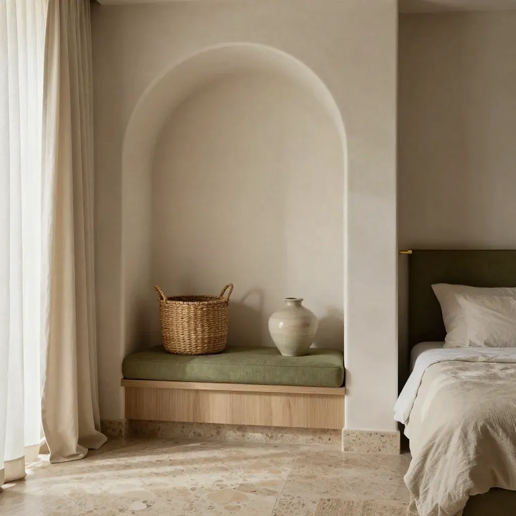 Suite elegante con panca, arco, cesta intrecciata, vaso in ceramica e tenda chiara.
