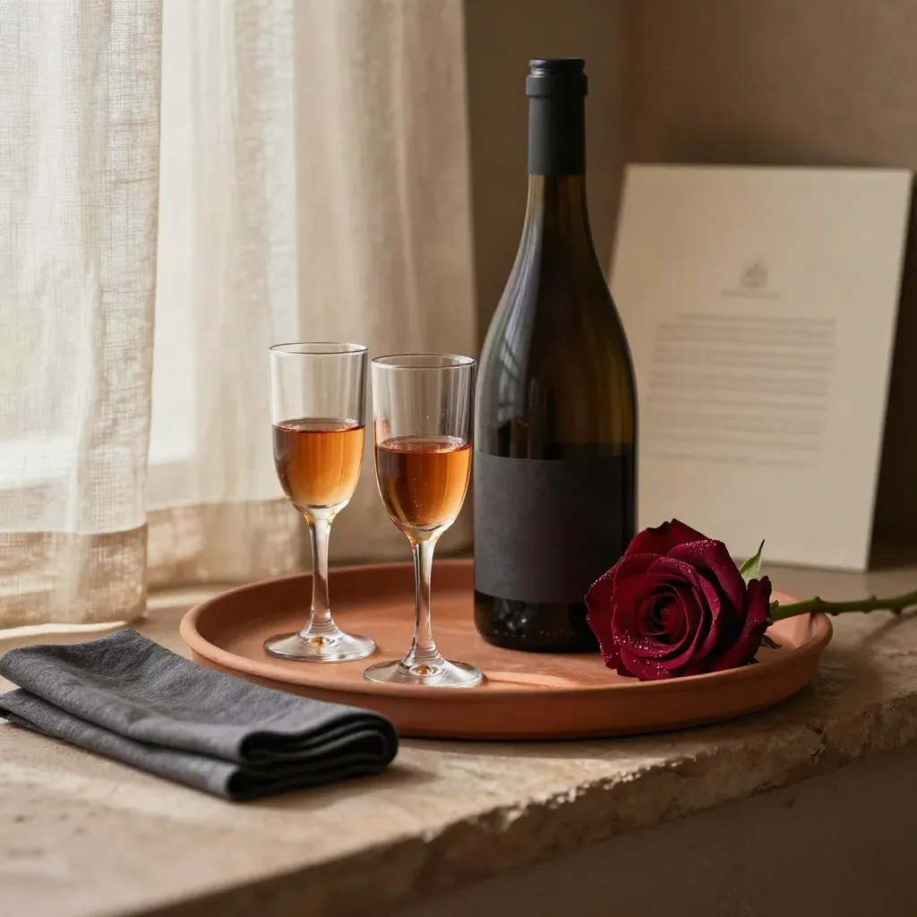Kit romantico con bottiglia, due calici e rosa su vassoio terracotta in luce calda