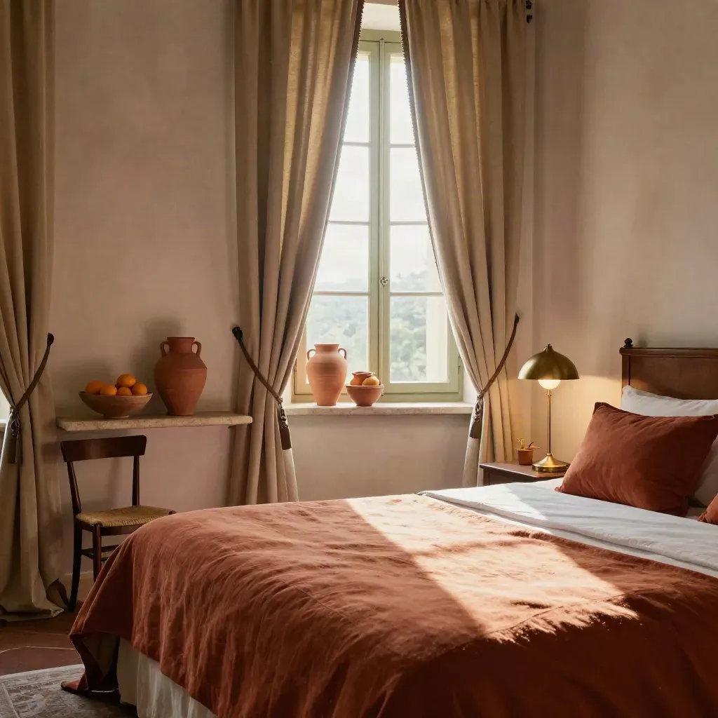 Suite antica con letto ruggine, tende aperte e luce calda su ceramiche e lampada bronzea.