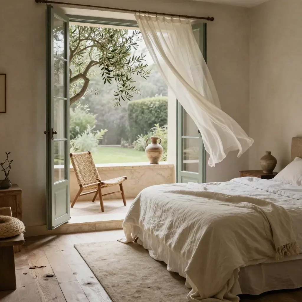 Camera doppia con porte francesi aperte, letto in lino e sedie intrecciate sul giardino.