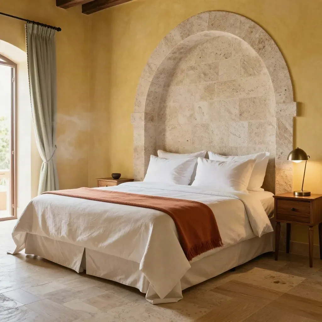 Suite storica con letto king, lino chiaro, arco in pietra e luce morbida.