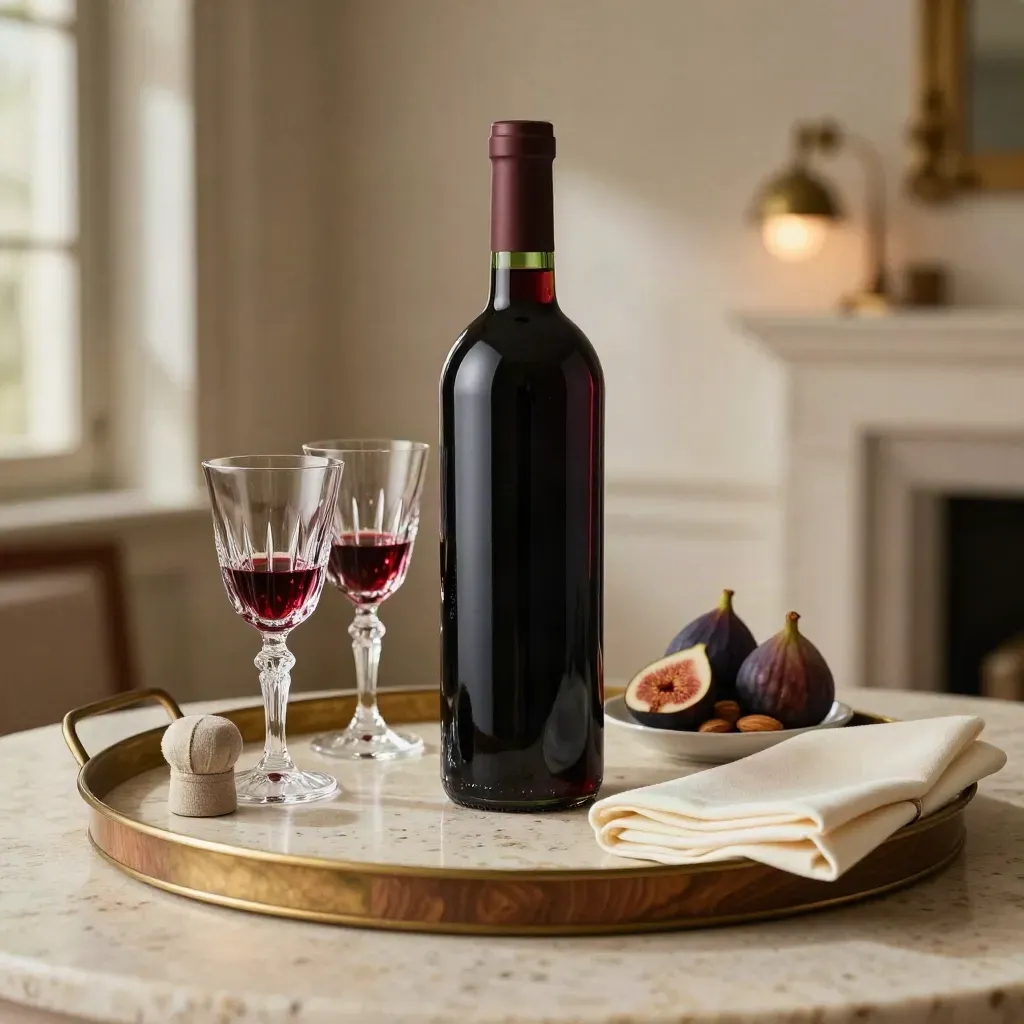 Vassoio romantico con vino rosso, due calici e fichi su travertino, luce morbida.