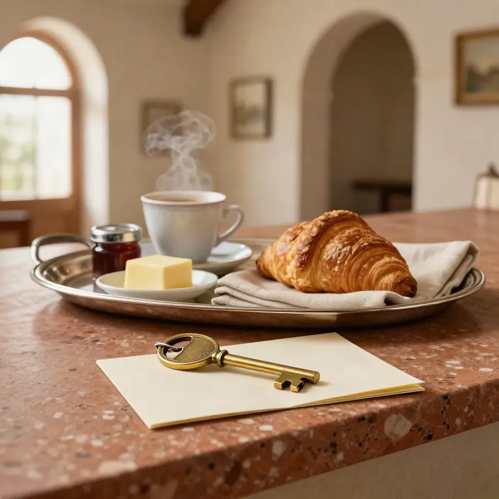 Vassoio colazione con chiave in ottone e card per soggiorno su ledge in travertino caldo.