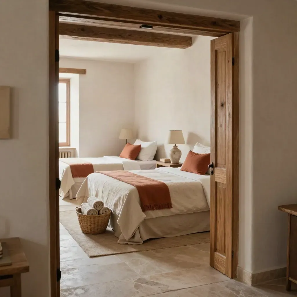Suite familiare con letto matrimoniale, daybed, cesto asciugamani e lampade coordinate.