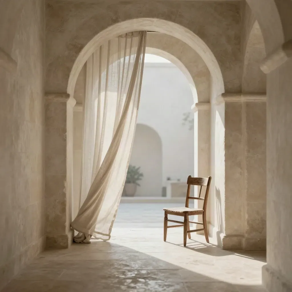 Corridoio in pietra chiara con arco antico, tenda di lino e sedia in legno, luce mattutina