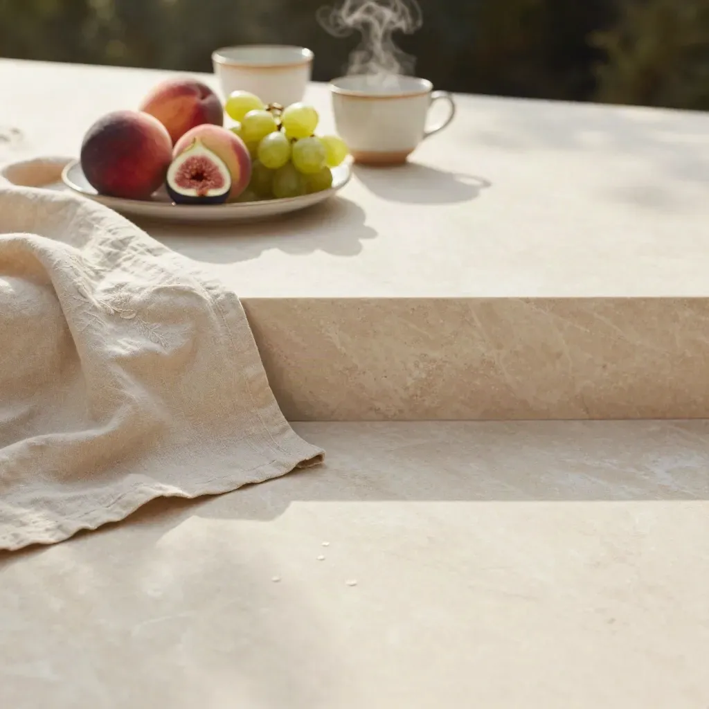 Terrazza in marmo chiaro con lino, frutta e tazze sfocate in alto, luce calda.