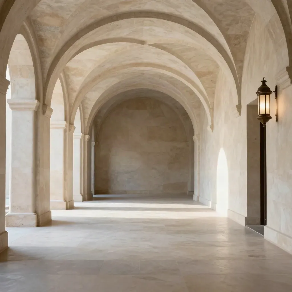 Galleria in travertino con volte alte, luce zenitale e pavimento quasi vuoto.