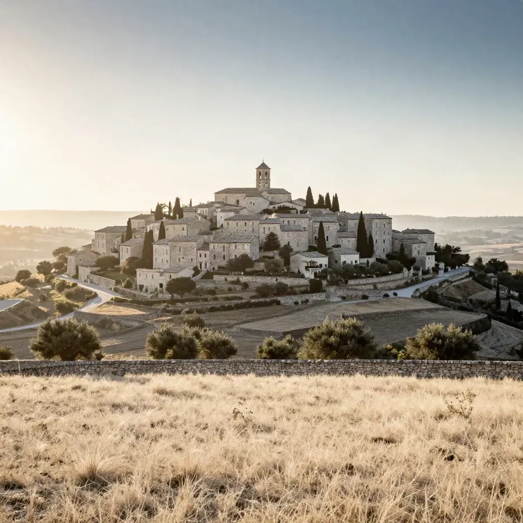 Borgo collinare in pietra al tramonto con cipressi e valle sfumata.