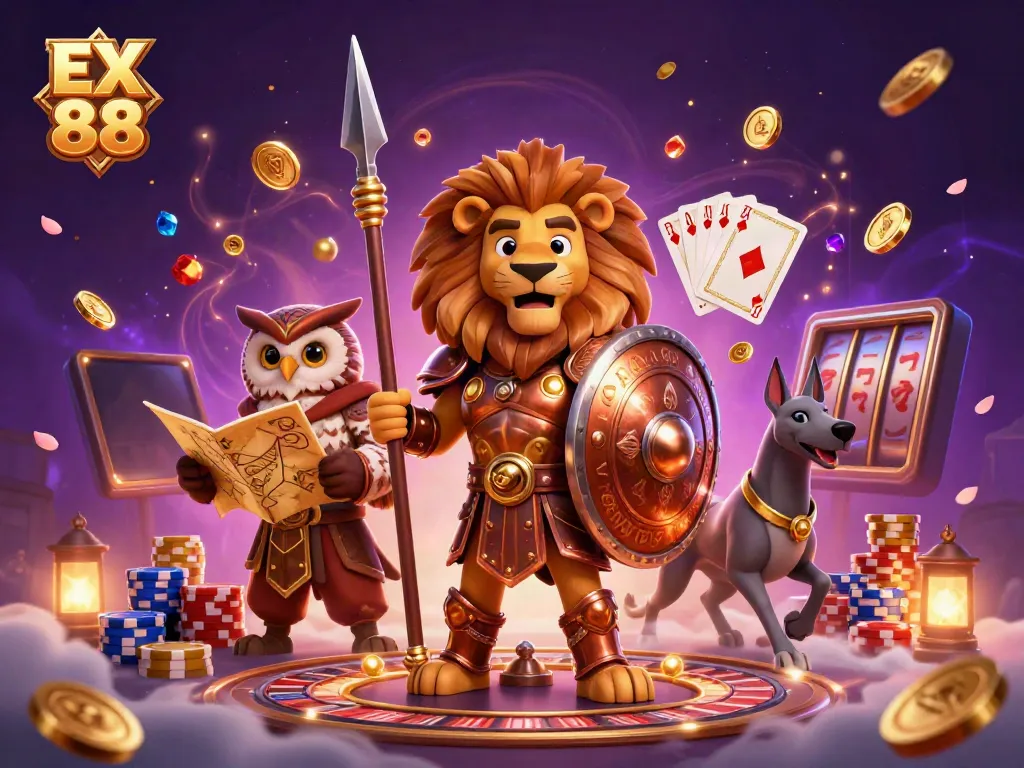 Watch the 3D scene of EX 88 featuring a Spartan lion, owl strategist, and greyhound amid casino elements.