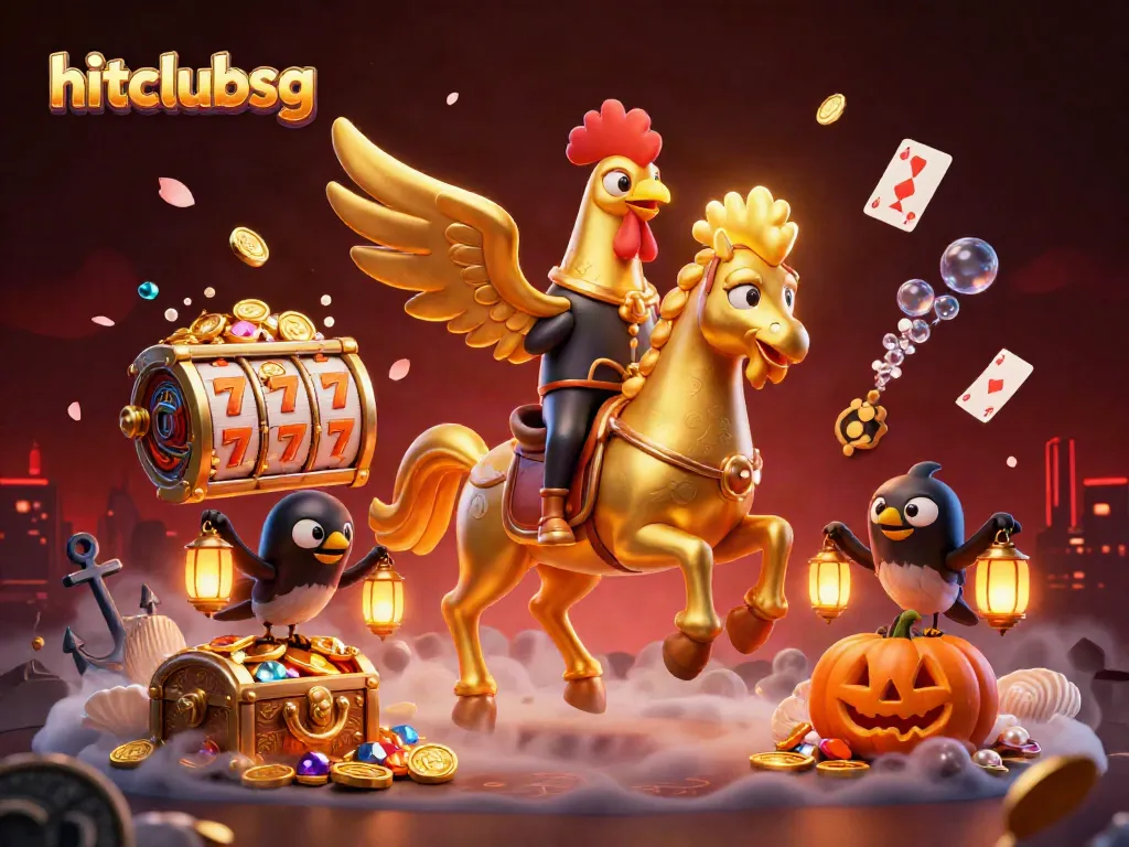 Experience thrilling gameplay at hitclubsg with a vibrant, cartoonish casino scene featuring a golden rooster.