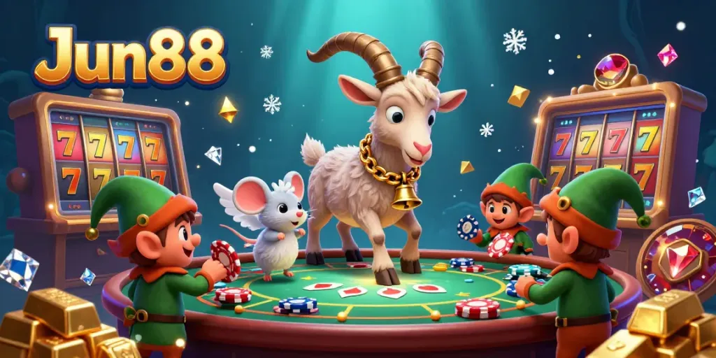 Experience Jun88's thrilling casino moments with festive characters and vibrant gaming elements.