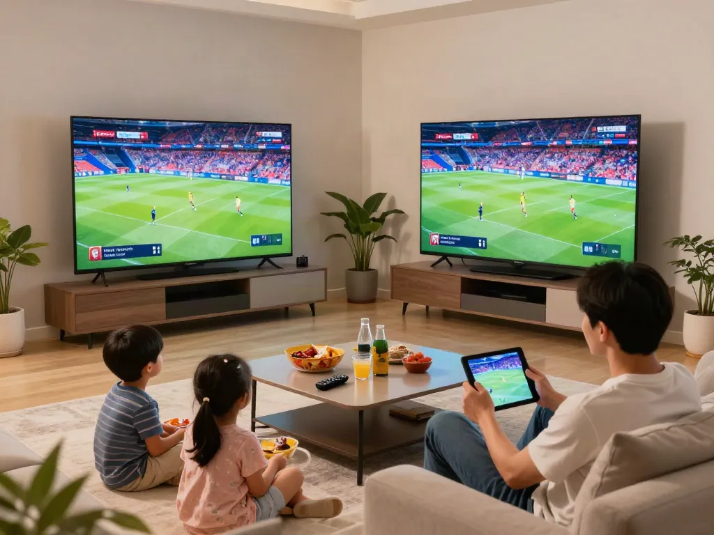 Family enjoying IPTV italia in a cozy living room with vibrant sports on screen.