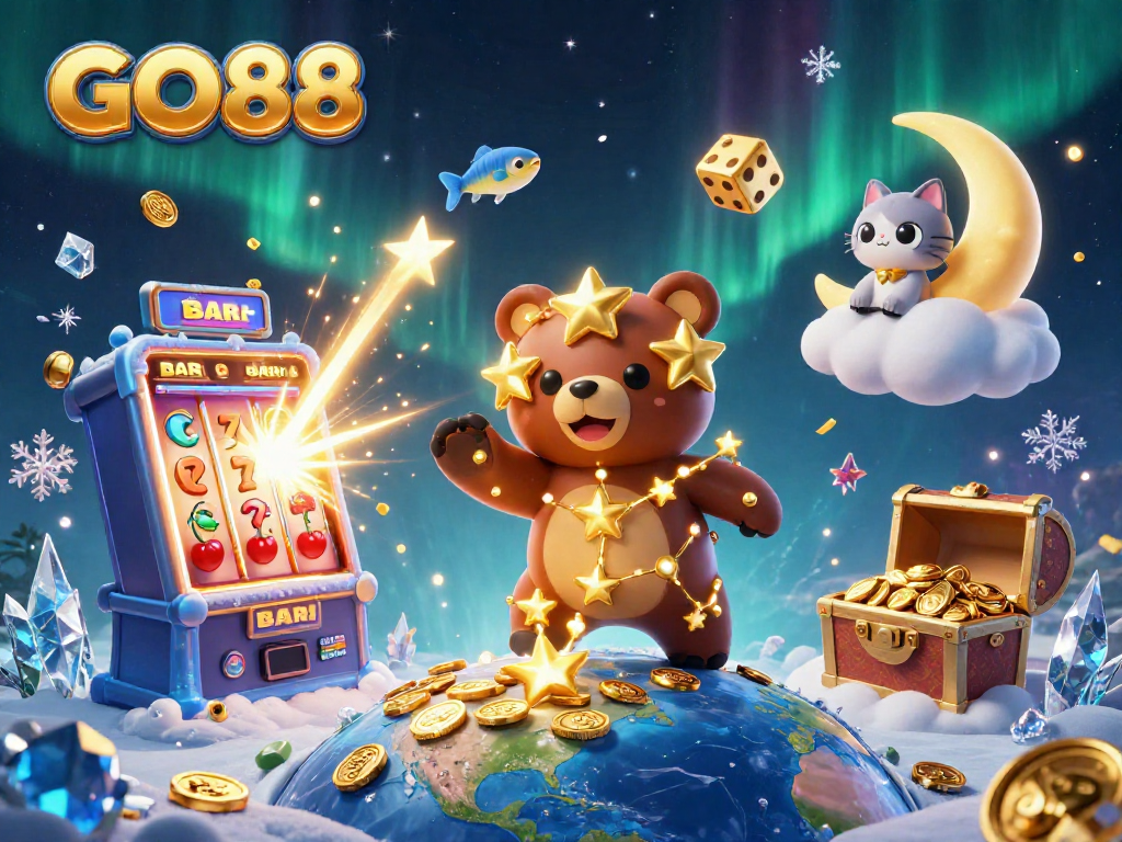 Engage with GO88 through an immersive 3D casino scene teeming with excitement and vibrant game elements.