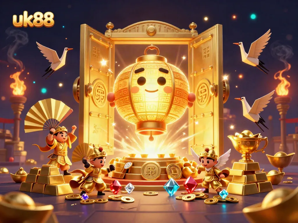 Experience thrilling gameplay at uk88 with a golden lantern spirit floating above treasures in a vibrant casino scene.
