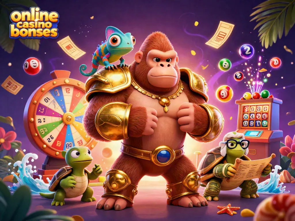 Engage with online casino bonuses illustrated vividly by a gorilla king amidst dynamic colorful casino elements.